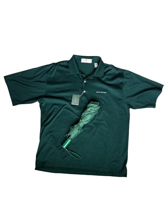 Lehman Brothers New Polo Mens XL Green Short Sleeve Cotton Shirt & Umbrella